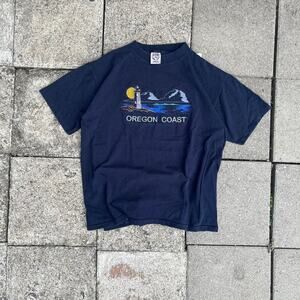 Vintage Oregon Coast Embroidered Navy Blue Graphic T-Shirt - Large Short Sleeve